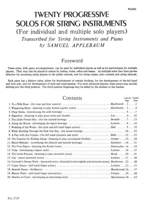 20 Progressive Solos for String Instruments – Piano Accompaniment - arranged by Samuel Applebaum - Alfred Publication - Image 2