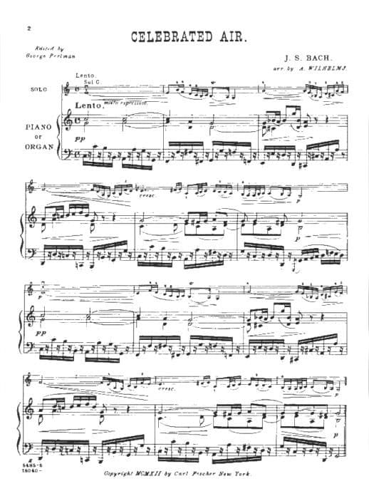 Bach, JS - Air on the G-string from Bach's Orchestral Suite No 3 - Violin and Piano - edited and arranged by August Wilhelmj - Carl Fischer - Image 2