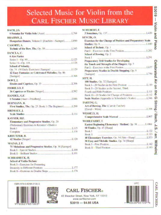 Bach, JS - Air on the G-string from Bach's Orchestral Suite No 3 - Violin and Piano - edited and arranged by August Wilhelmj - Carl Fischer - Image 3