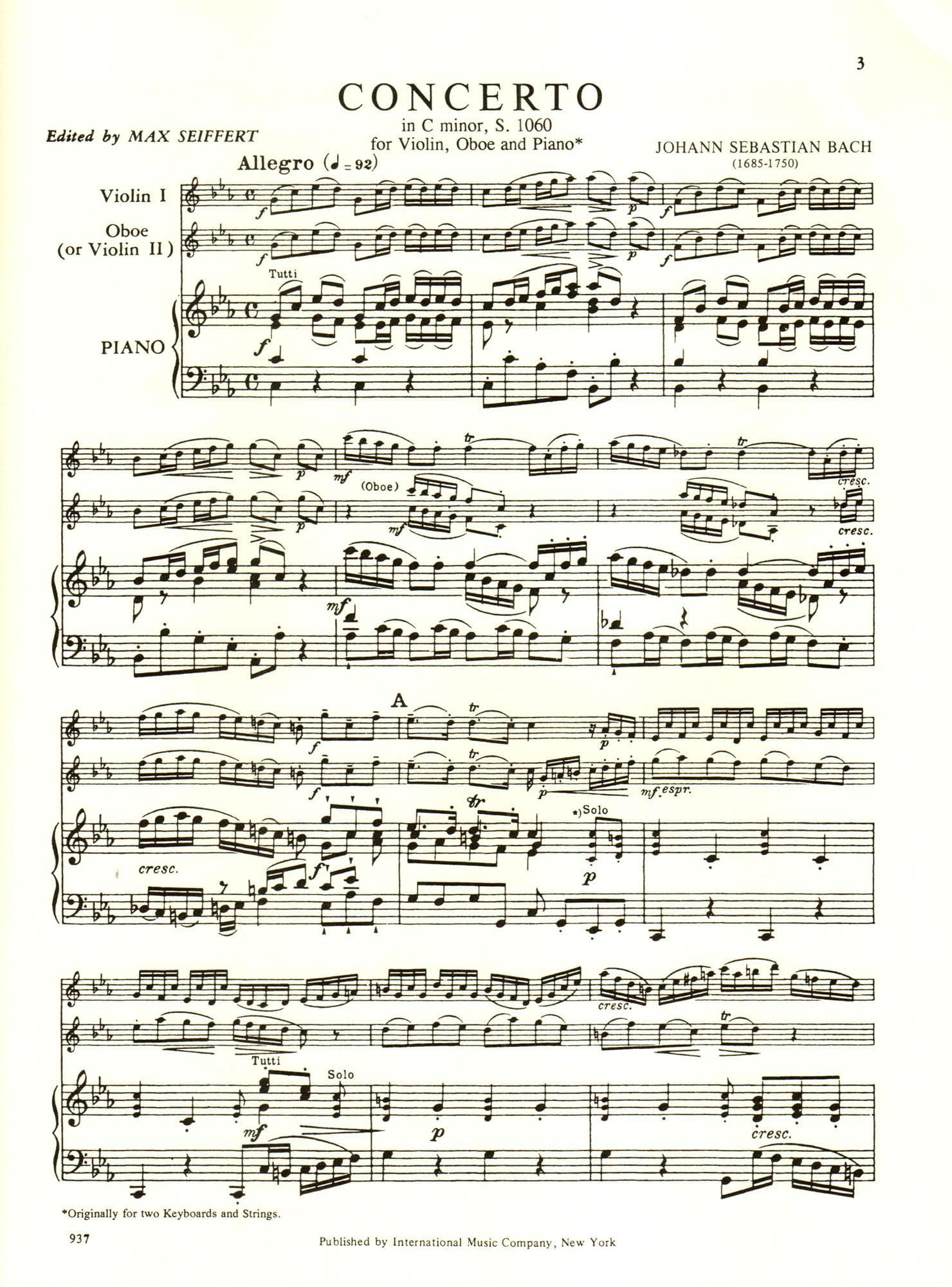Bach, JS - Concerto in c minor, BWV 1060R - Violin, Oboe, and Piano / Two Violins and Piano - edited by Max Seiffert - International Music Company - Image 2