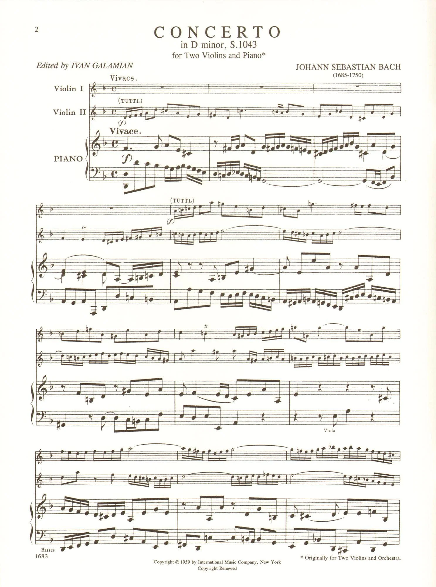 Bach, JS - Double Concerto in d minor, BWV 1043 - Two Violins and Piano - edited by Ivan Galamian - International Edition - Image 2