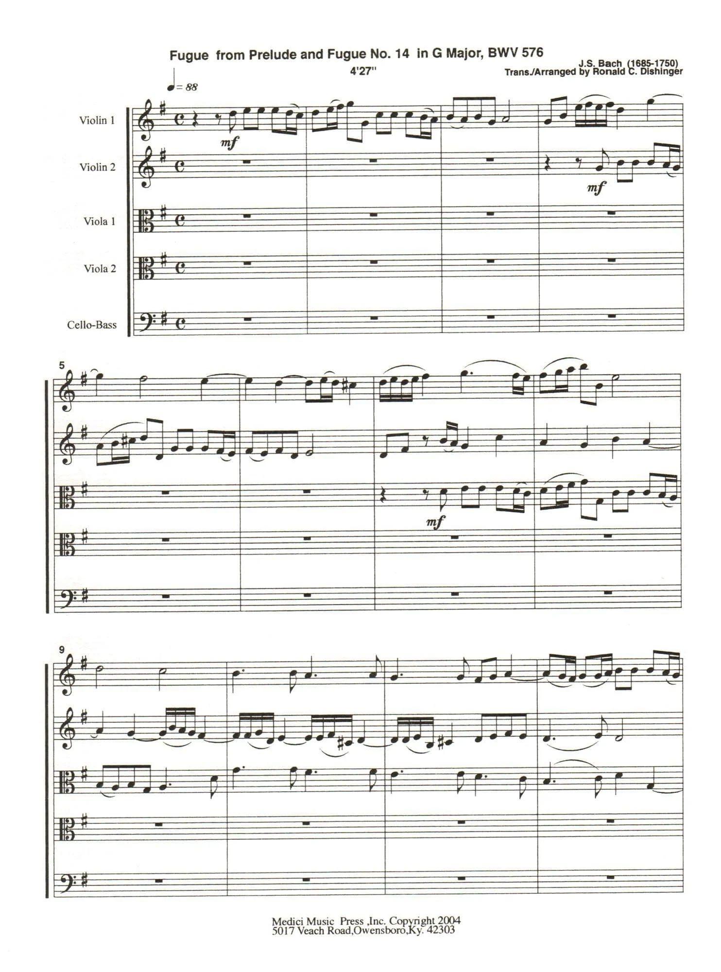 Bach, J.S. - Fugue from Prelude and Fugue in G Major (BWV 576) - for String Quintet - arranged by Dishinger - Medici Music Press - Image 2