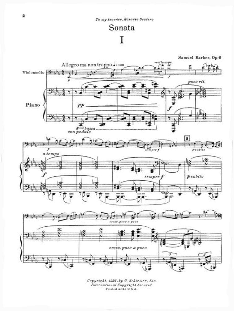 Barber, Samuel - Sonata Op 6 for Cello and Piano - Schirmer Edition - Image 2