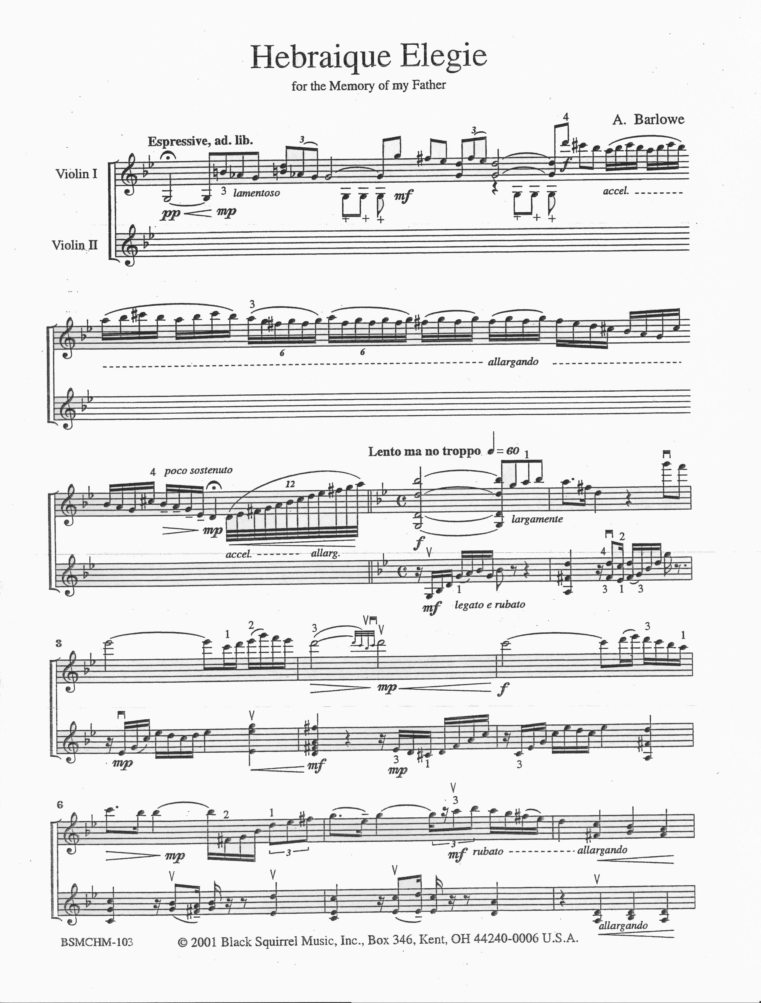 Barlowe, Amy - Hebraique Elegie for Two Violins - Black Squirrel Publication - Image 2