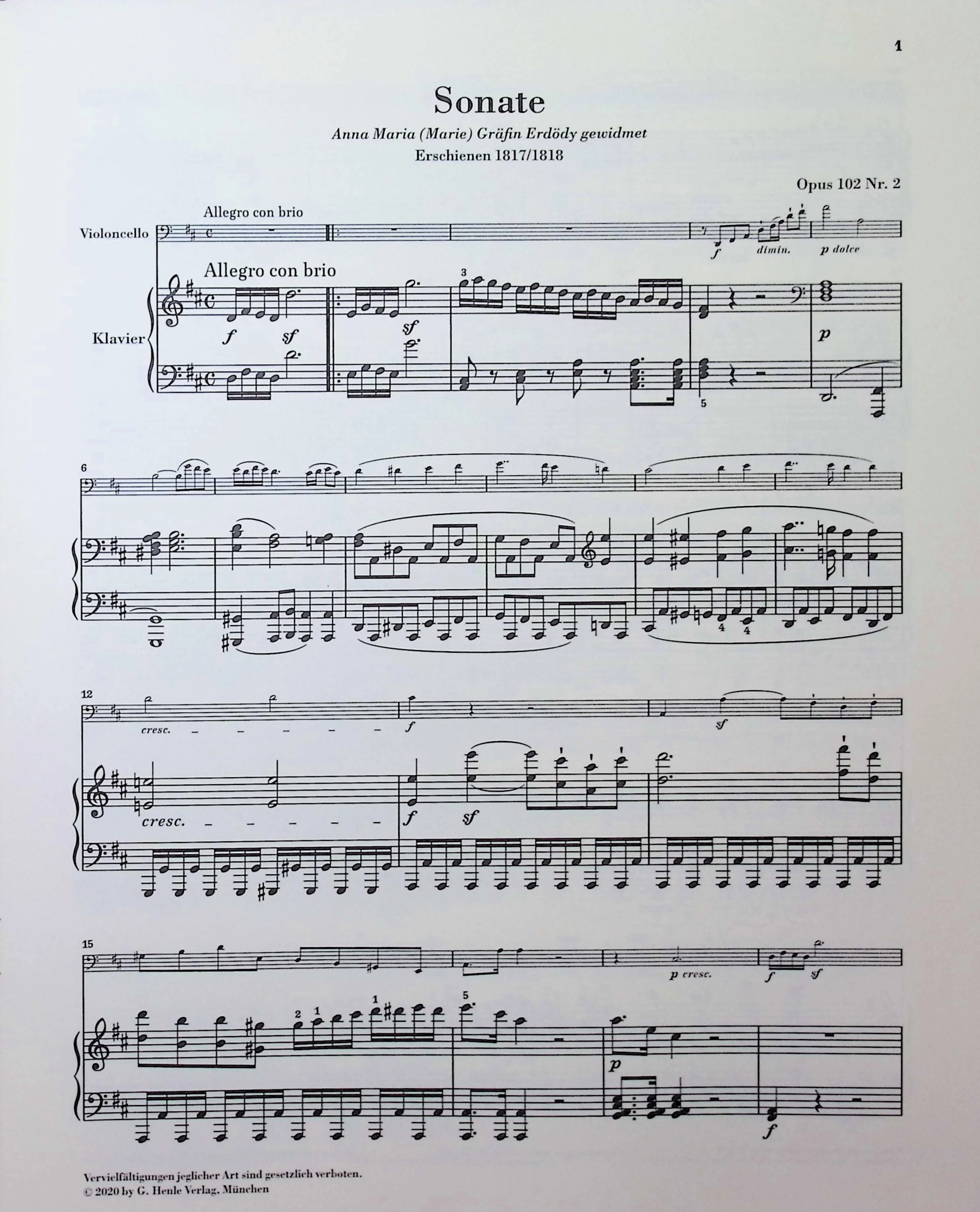 Beethoven, van Ludwig - Sonata in D major op. 102 no. 2 for Piano and Violoncello - Edited by Dufner - G. Henle Verlag - Image 2