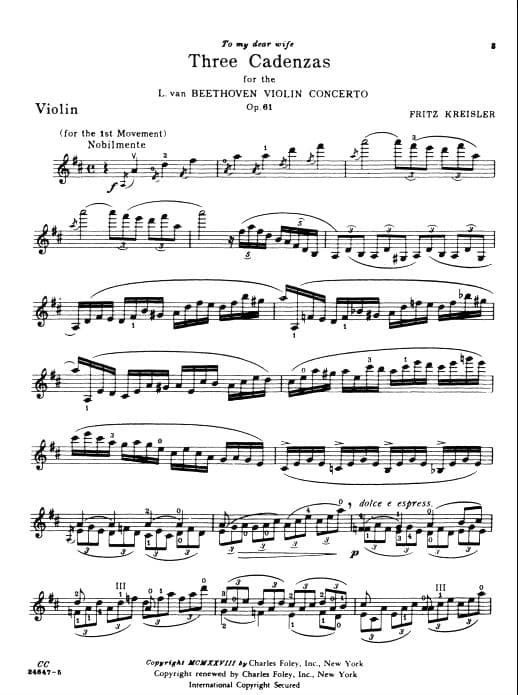 Beethoven - Cadenzas for Beethoven's Violin Concerto, Opus 61 - Violin - arranged by Fritz Kreisler - Carl Fischer - Image 2