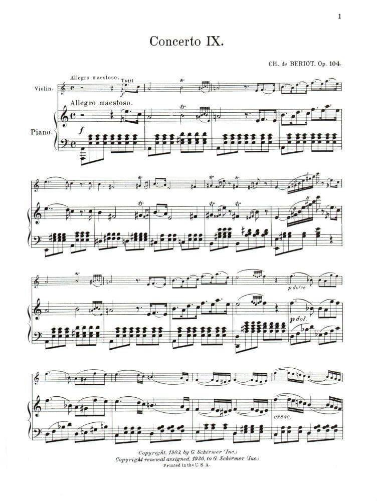 Beriot, Charles De - Concerto No 9 in a minor Op 104 for Violin and Piano - Arranged by Schradieck - Schirmer Edition - Image 2