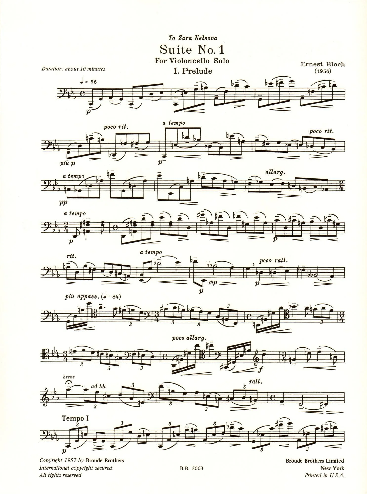Bloch, Ernest - Suite No 1 for Cello (1956) - Broude Brothers Edition - Image 2