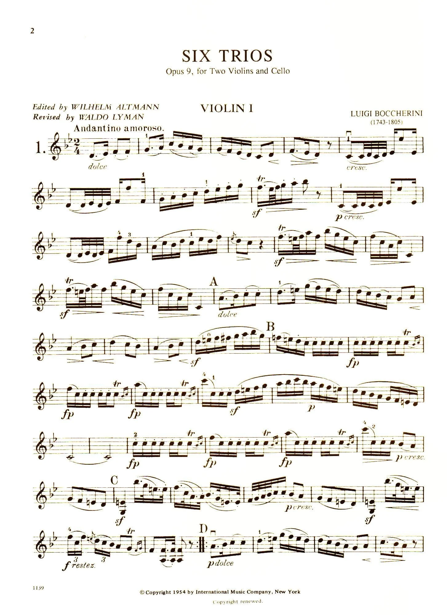 Boccherini, Luigi - 6 Trios Op 9 G 89-94 for Two Violins and Cello - Arranged by Altmann-Lyman - International Edition - Image 2