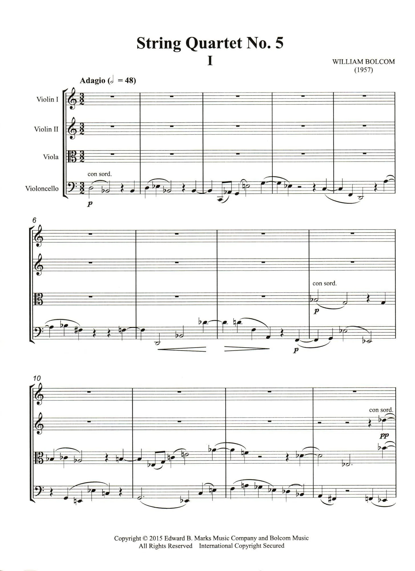 Bolcom, William - String Quartet No. 5 - Score and Parts - Edward B. Marks Music Company - Image 2