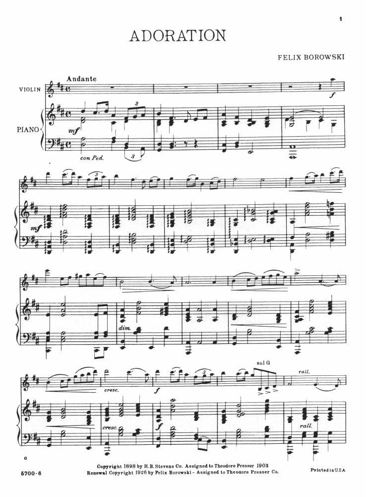 Borowski, Felix - Adoration for Violin and Piano - Theodore Presser Publication - Image 2