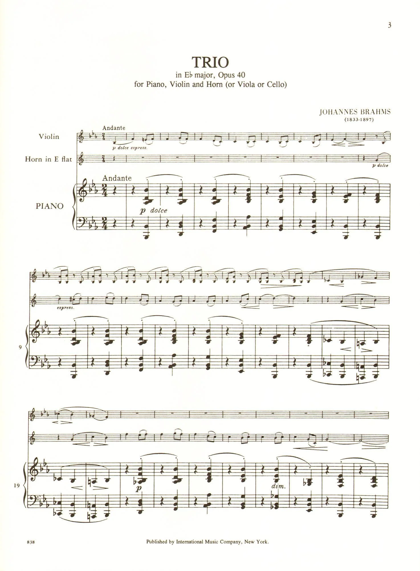 Brahms, Johannes - Trio in E-flat Major Op 40 for Violin, Viola/Cello and Piano - International Edition - Image 2