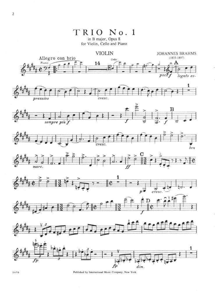 Brahms, Johannes - Piano Trio No 1 in B Major Op 8 for Violin, Cello and Piano - International Edition - Image 2