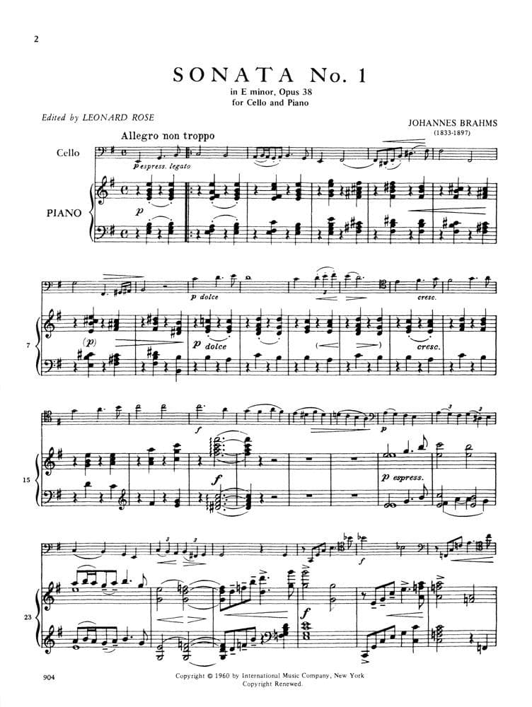 Brahms, Johannes - Sonata No 1 in e minor Op 38 for Cello and Piano - Arranged by Rose - International Edition - Image 2