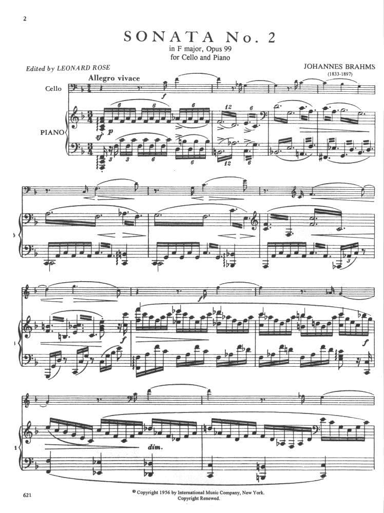 Brahms, Johannes - Cello Sonata No 2 in F Major, Op 99 - Cello and Piano - edited by Rose - International Music Company - Image 2