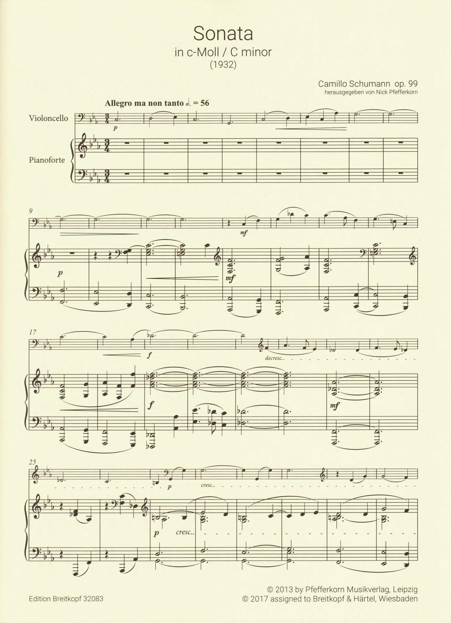 Schumann, Camillo - Sonata No. 2 in C minor, Op. 99 - for Cello and Piano - Breitkopf & Hartel URTEXT - Image 3