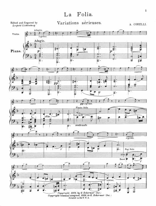 Corelli, Arcangelo - Sonata, Op 5, No 12, "La Folia" for Violin - for Violin and Piano - arranged by H Leonard - edited by Leopold Lichtenberg - G Schirmer Edition - Image 3