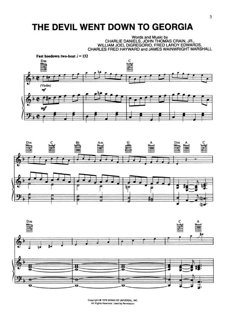 Charlie Daniels Band - Devil Went Down to Georgia for Piano, Vocal and Guitar with Violin Part - Hal Leonard Publication - Image 2