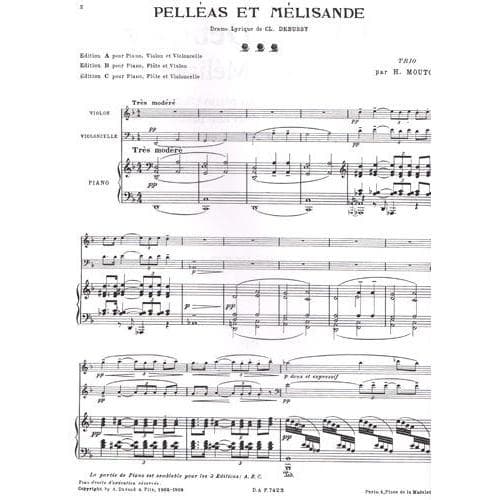 Debussy, Claude - Pelleas et Melisande, Arranged by H Mouton for Piano Trio (Violin, Cello, Piano), with optional Clarinet and Bass parts Published by Lauren Publications - Image 3