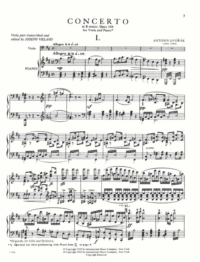 Dvorák, Antonín - Cello Concerto in b minor, Op 104 - transcribed for Viola and Piano - edited by Joseph Vieland - International Edition - Image 2