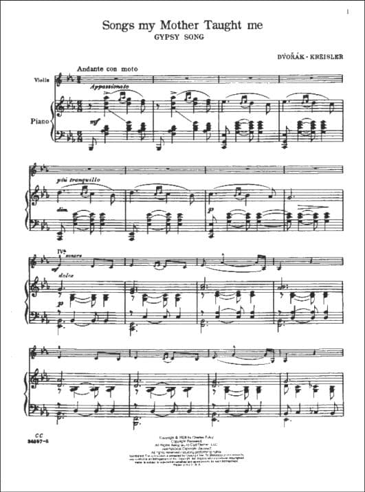 Dvorák, Antonín - Songs My Mother Taught Me ("Gypsy Song") - Violin and Piano - arranged by Fritz Kreisler - Carl Fischer Edition - Image 2