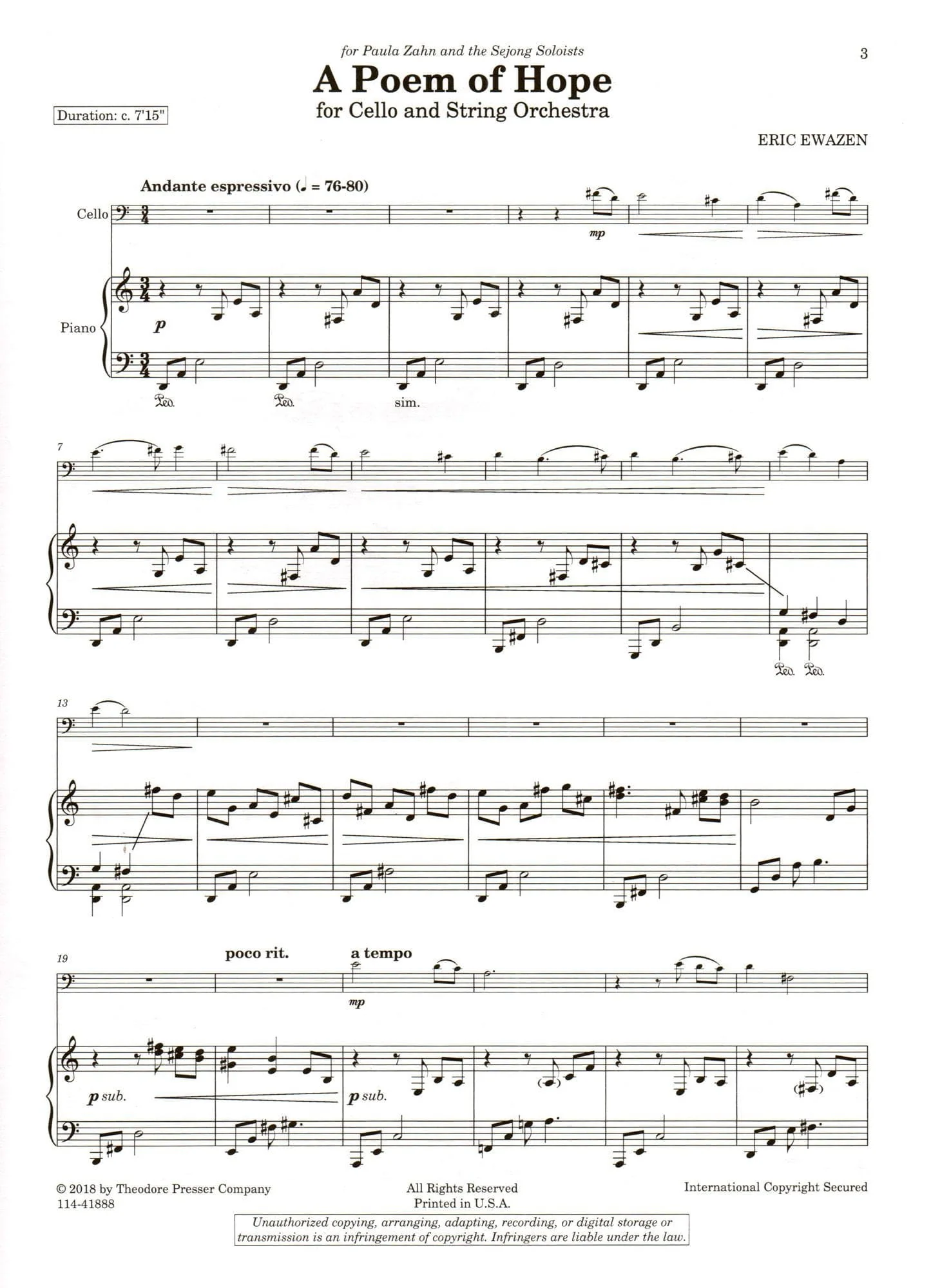 Ewazen, Eric - A Poem of Hope - for Cello and Piano - Theodore Presser - Image 3