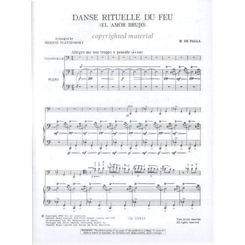 Falla, Manuel de - Ritual Fire Dance and Dance of Terror from El Amor Brujo - Cello and Piano - arranged by Gregor Piatigorsky - Chester Music Edition - Image 2