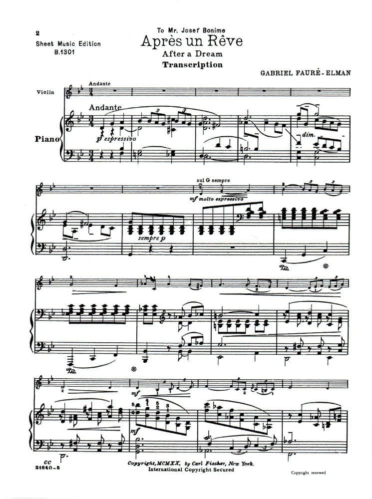 Fauré, Gabriel - Aprés un Rêve ( After a Dream ), Op 7, No 1 - Violin and Piano - transcribed by Mischa Elman - Carl Fischer Edition - Image 2