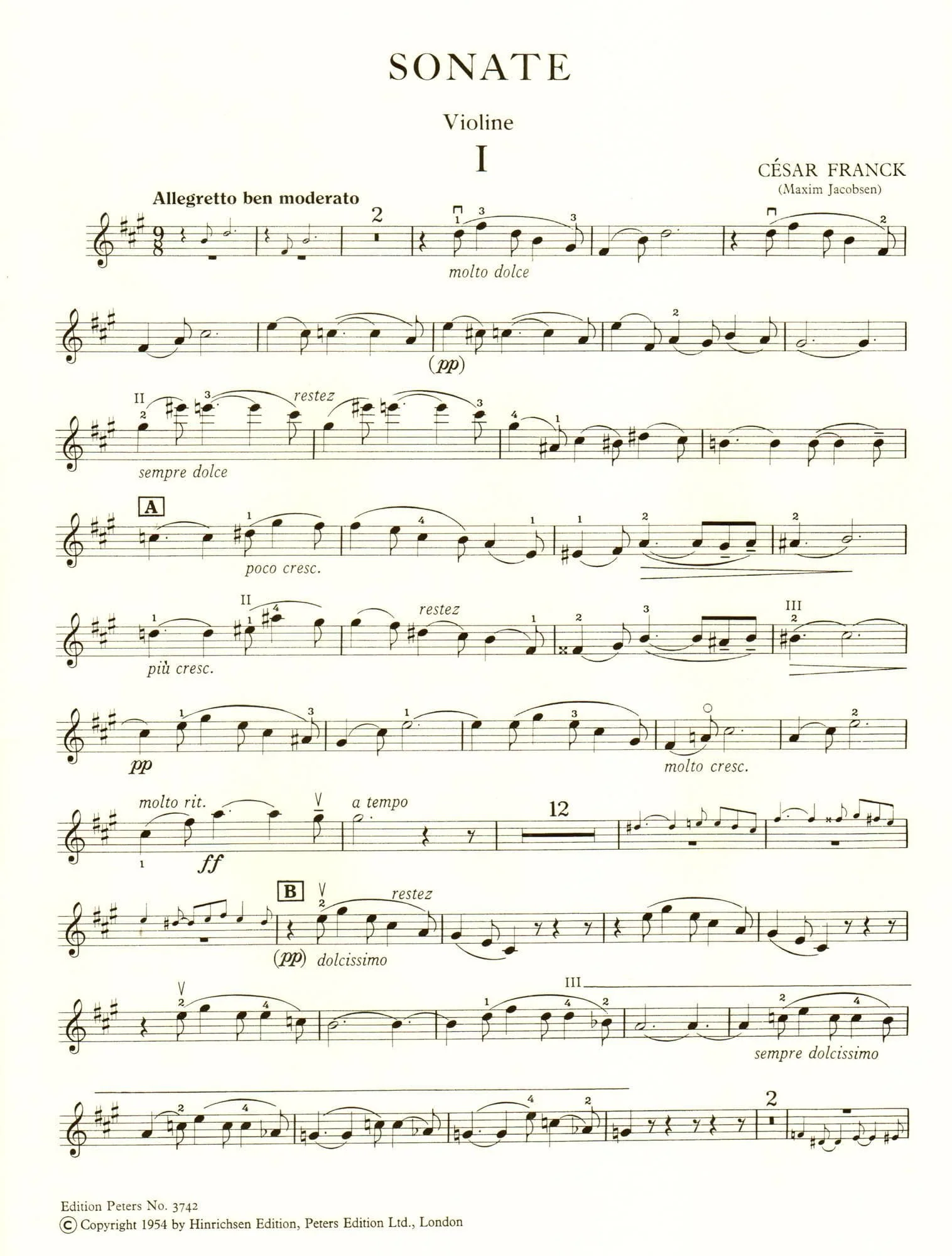 Franck, César - Sonata In A Major - Violin and Piano - edited by Maxim Jacobsen - Edition Peters - Image 2