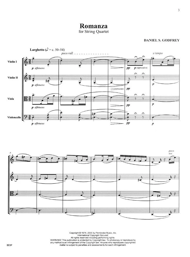 Godfrey, Daniel S - Romanza for String Quartet - Carl Fischer Edition - Image 3