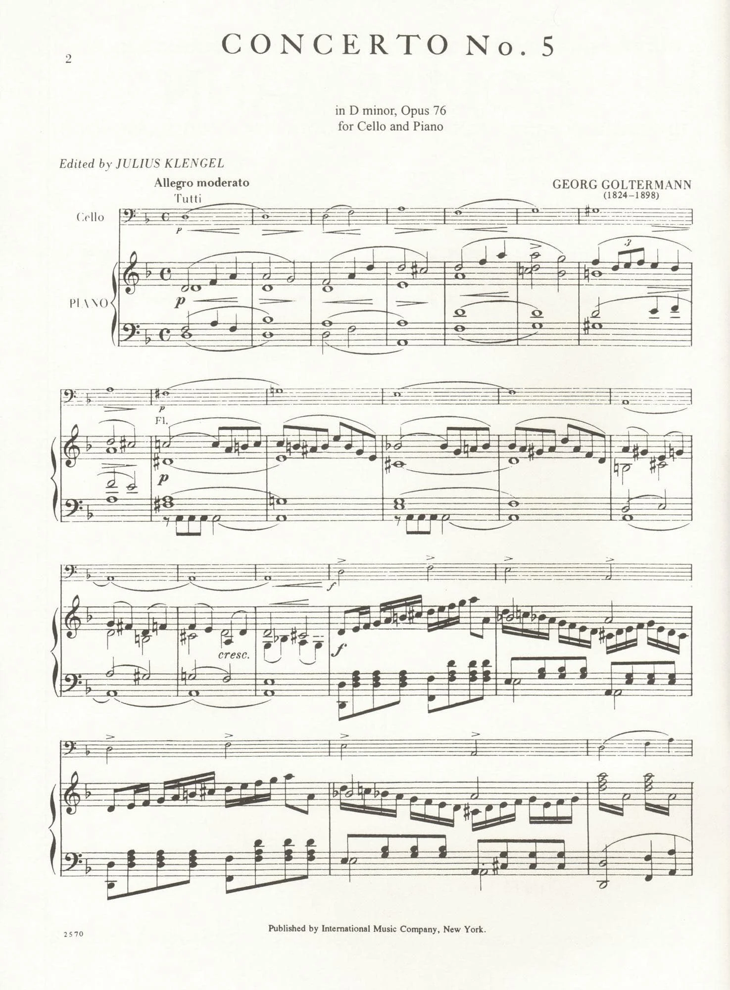 Goltermann, Georg - Concerto No 5 in d minor, Op 76 - Cello and Piano - edited by Julius Klengel - International Edition - Image 2