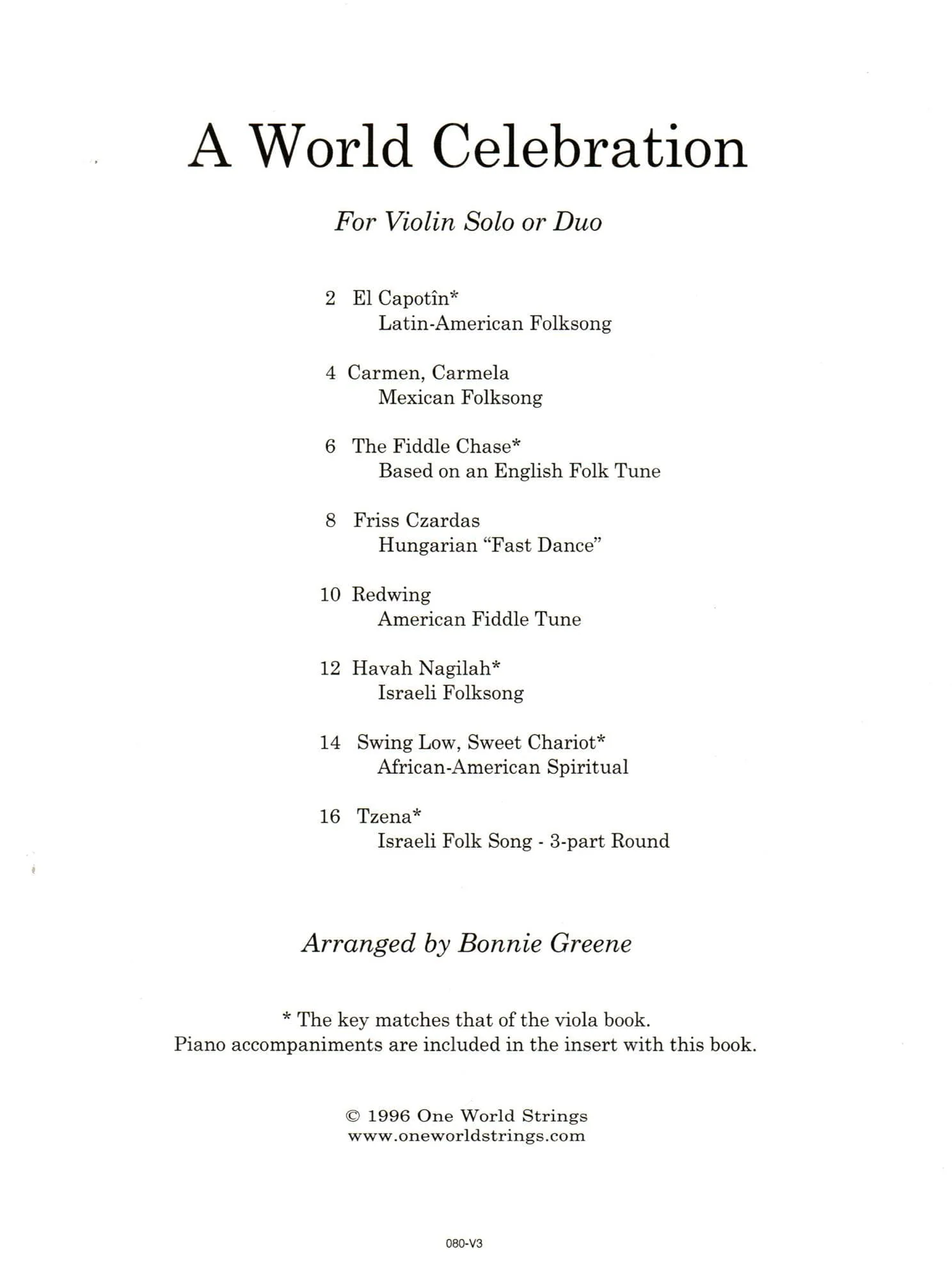 Greene, Bonnie - A World Celebration - Two Violins and Piano - One World Strings Edition - Image 2