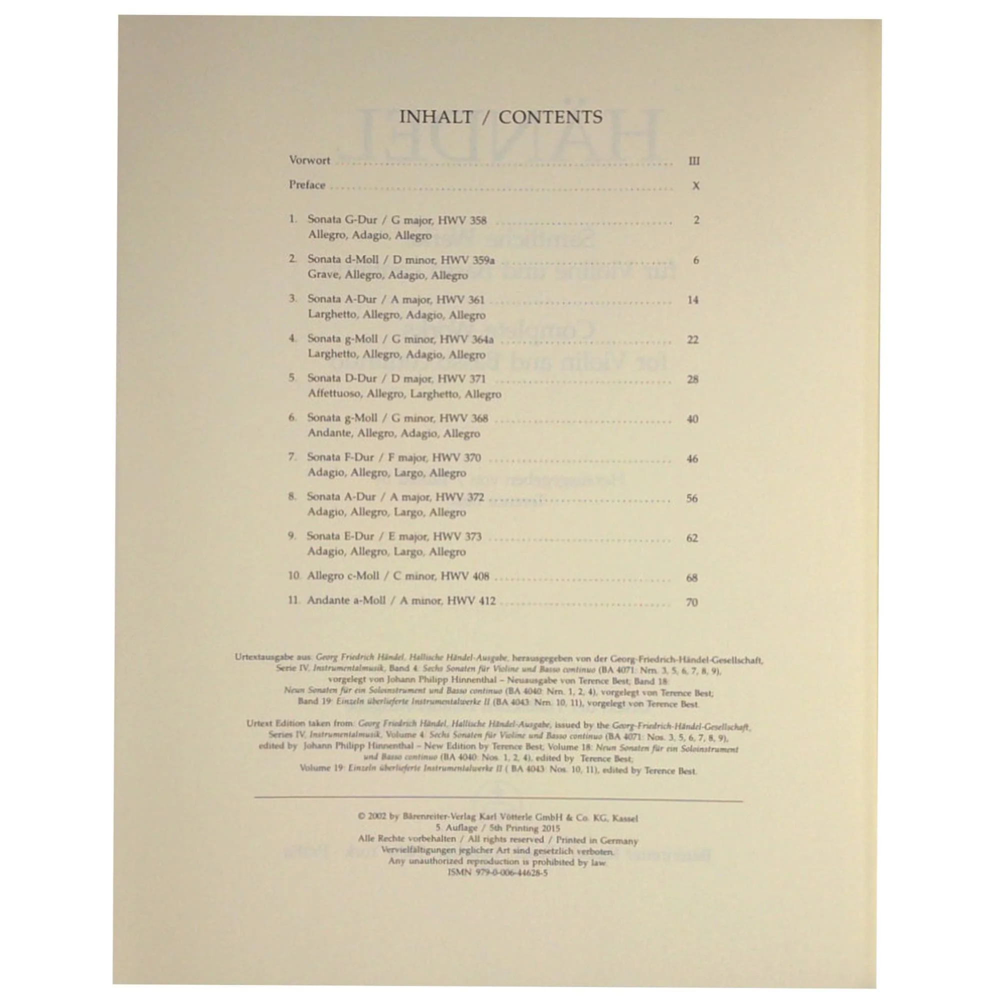 Handel, George Frideric - Complete Works for Violin and Basso Continuo - Violin and Piano - edited by Terence Best - Bärenreiter Verlag URTEXT - Image 2