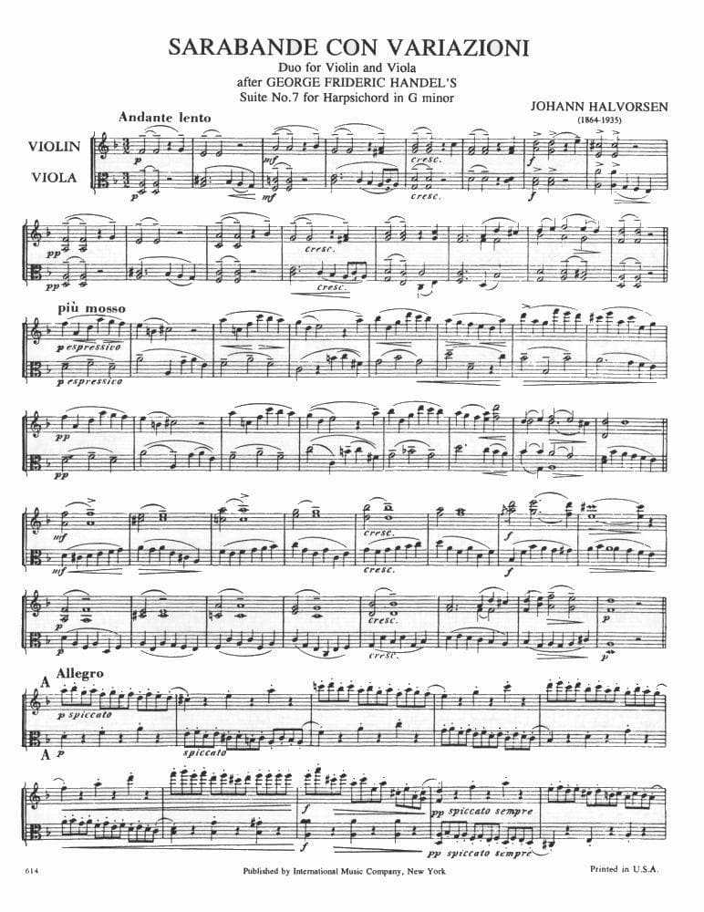 Handel/Halvorsen - Sarabande con Variazioni - Violin and Viola - Score and Parts - International Edition - Image 3
