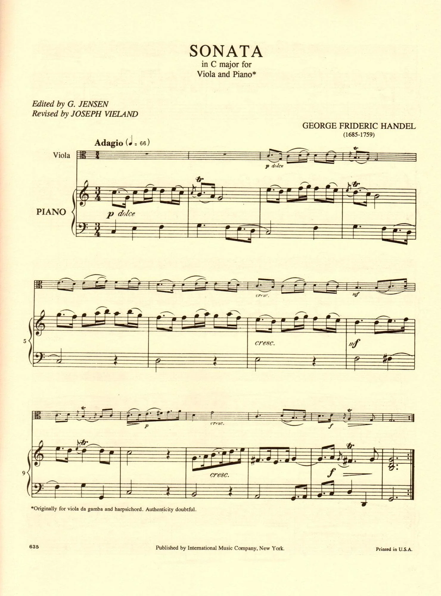 Handel, George Frideric - Sonata In C Major - Viola and Piano - edited by Joseph Vieland and G Jensen - International Edition - Image 2