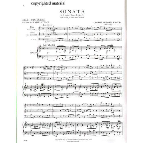 Handel, George Frideric - Sonata In F Major, Op 2, No 5, HWV 390 - Flute (or Violin), Violin, and Piano - edited by Emil Krause - International Edition - Image 2