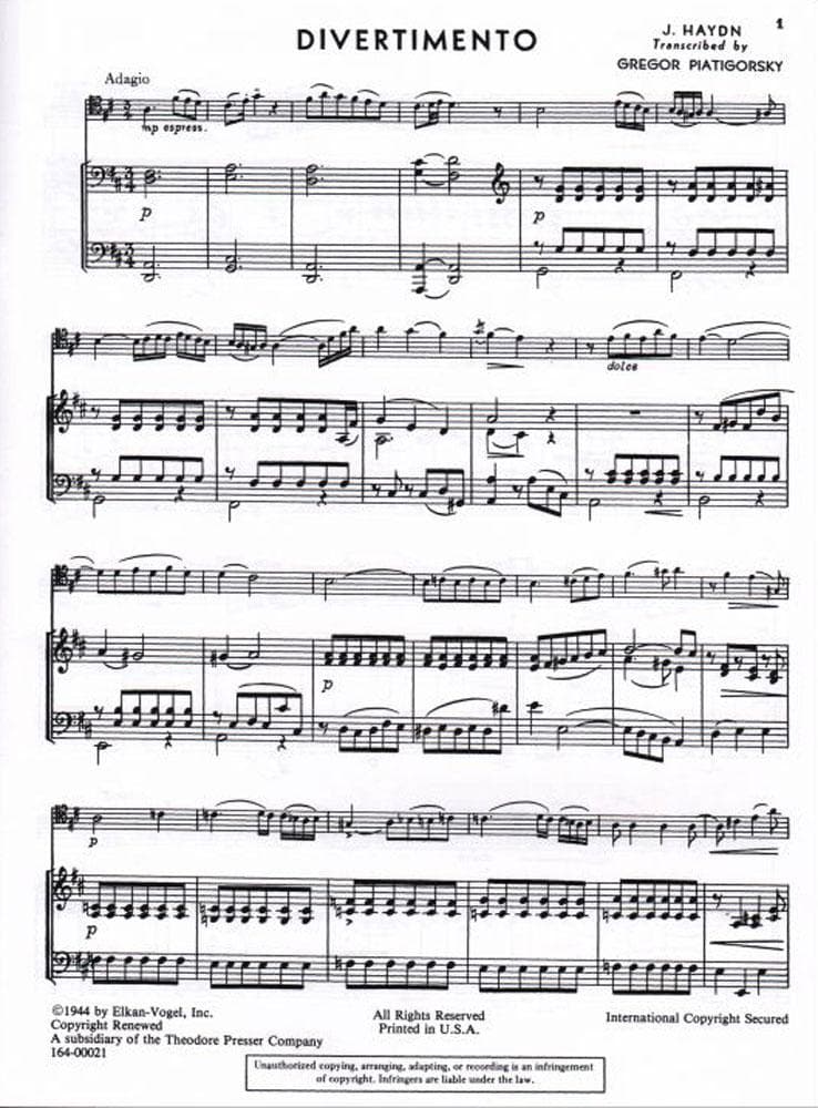 Haydn, Franz Joseph - Divertimento in D Major - Cello and Piano - edited by Gregor Piatigorsky - Elkan-Vogel Edition - Image 2