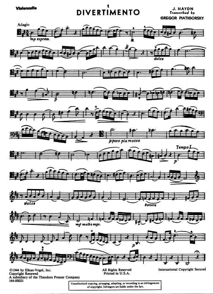 Haydn, Franz Joseph - Divertimento in D Major - Cello and Piano - edited by Gregor Piatigorsky - Elkan-Vogel Edition - Image 3