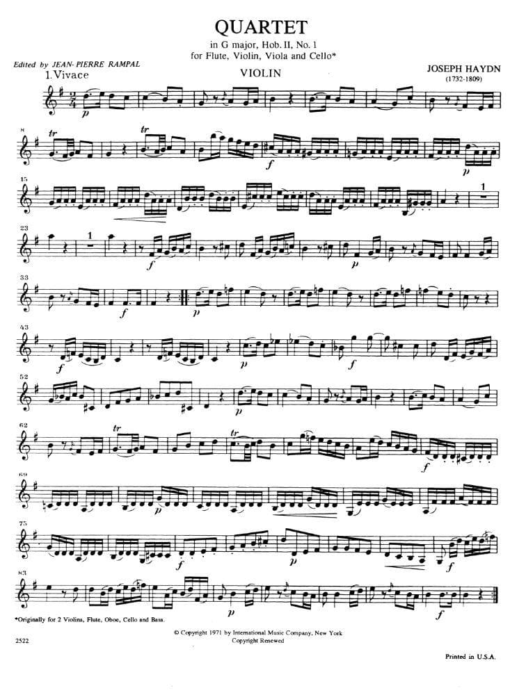 Haydn, Franz Joseph - Six Quartets, Op 5, Volume 2 (Nos 4-6) - Flute, Violin, Viola, and Cello - edited by Jean-Pierre Rampal - International Music Company - Image 2