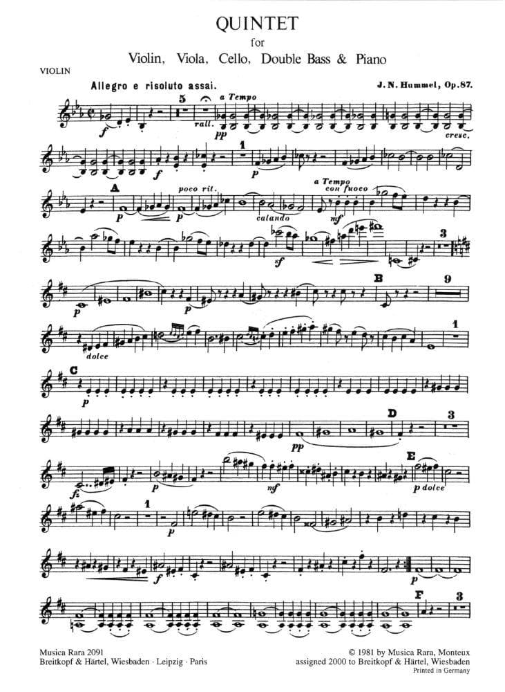 Hummel, Johann Nepomuk - Quintet, Op 87 - Violin, Viola, Cello, Bass, and Piano - Breitkopf & Härtel Edition - Image 2