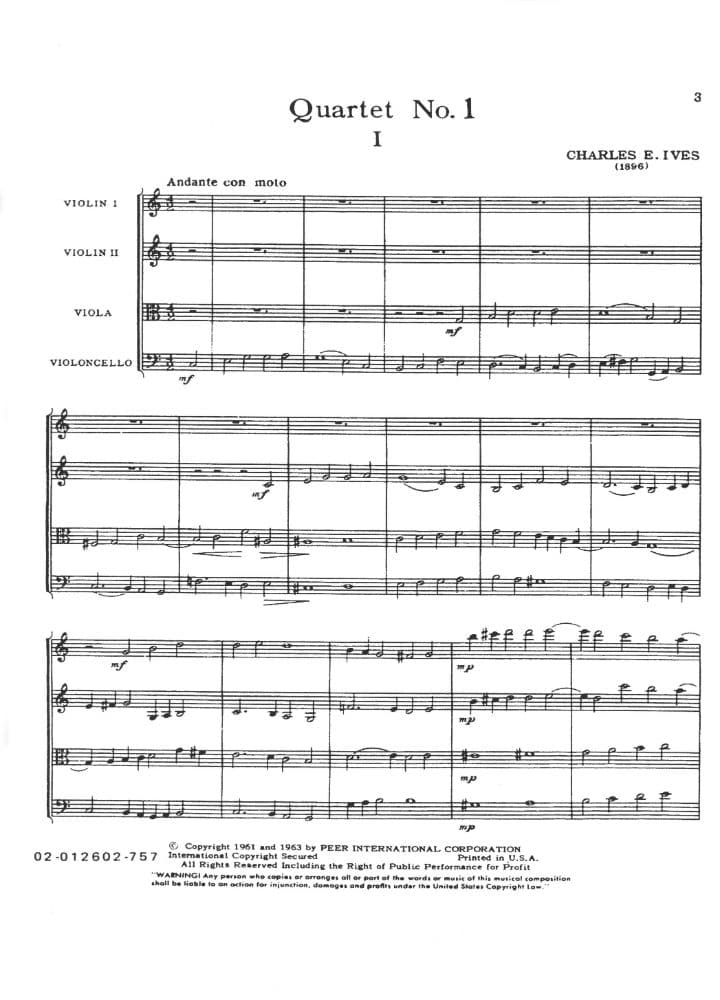 Ives, Charles -String Quartet No 1 (1896) - SCORE ONLY - Peer International Edition - Image 2
