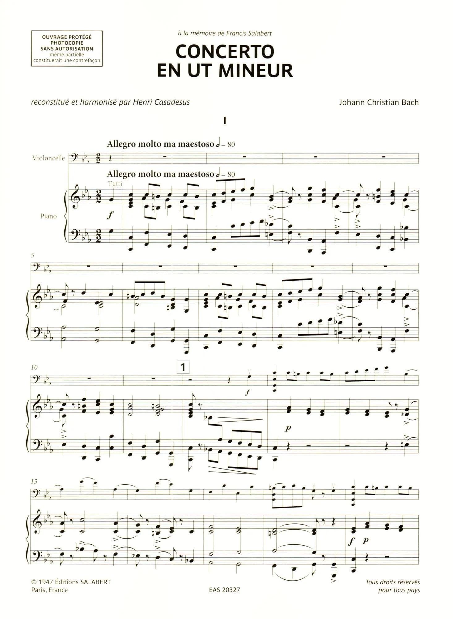 Bach, Johann Christian - Concerto in c minor - Cello and Piano - edited by Henri Casadesus and Maurice Maréchal - Editions Salabert - Image 3