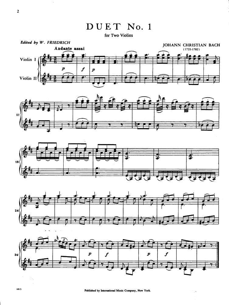 Bach, Johann Christian - Six Duets, Volume 1 - Two Violins - edited by W Friedrich - International Music Co - Image 2