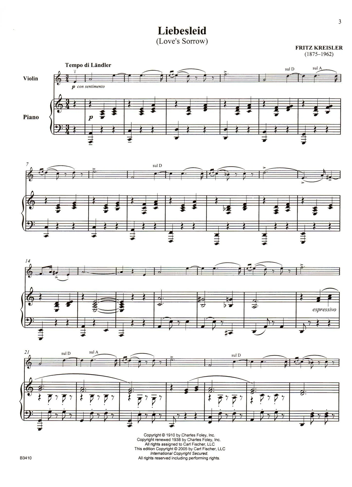 Kreisler, Fritz - Liebesleid - for Violin and Piano - includes Online Audio - Carl Fischer Edition - Image 2