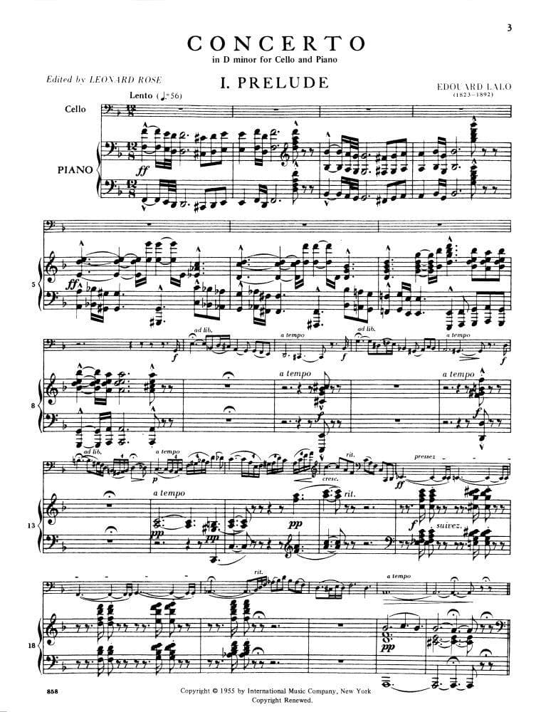 Lalo, Edouard - Concerto in d minor - Cello and Piano - edited by Leonard Rose - International Music Co - Image 3