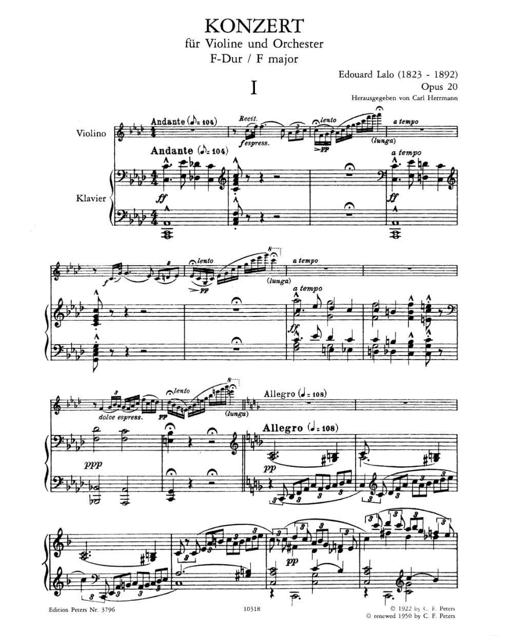 Lalo, Edouard - Concerto in F Major, Op 20 - Violin and Piano - edited by Carl Herrmann - Edition Peters - Image 2