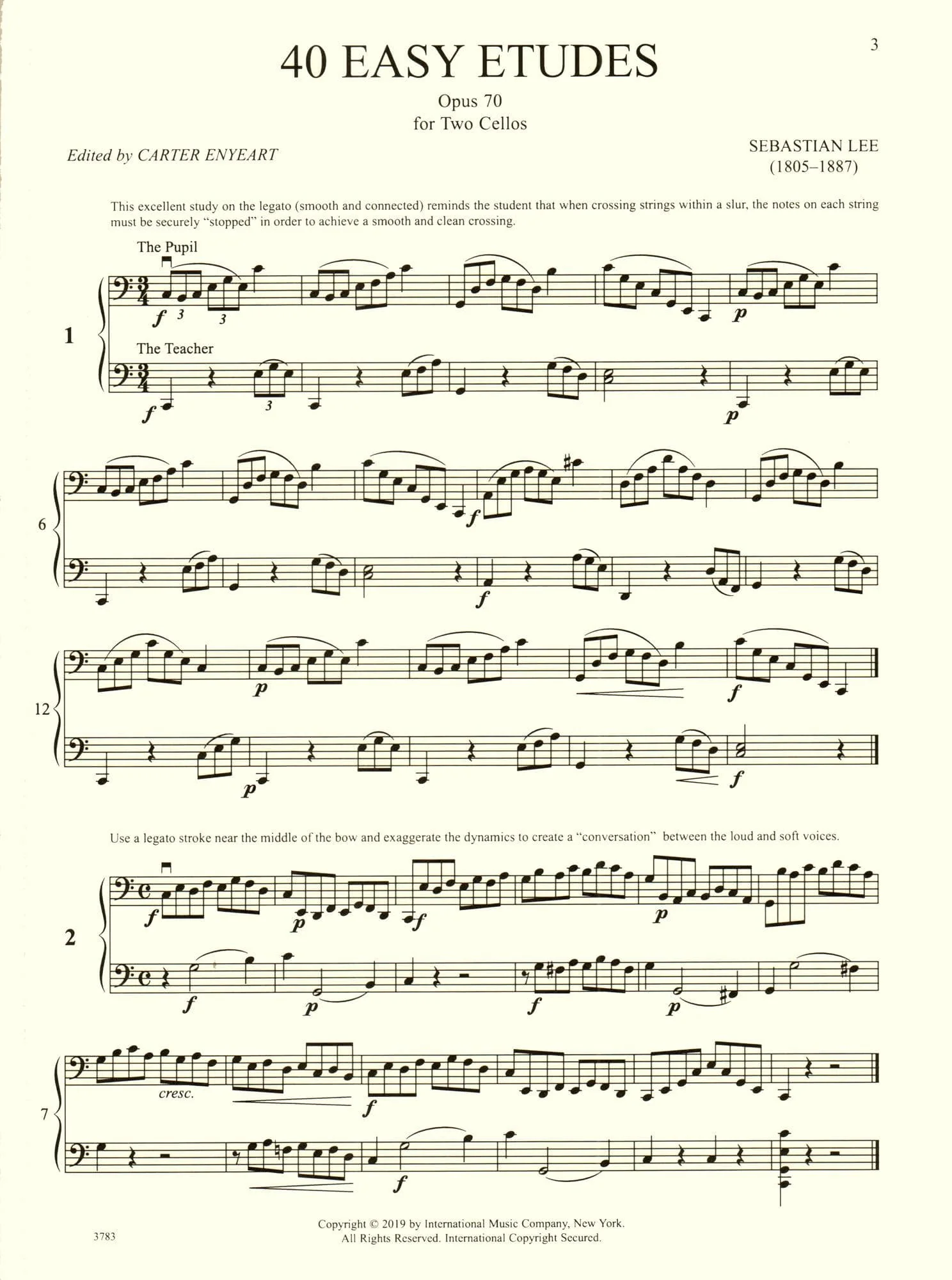 Lee, Sebastian - 40 Easy Etudes, Op 70 - for 2 Cellos - edited by Carter Enyeart - International Music Co - Image 2