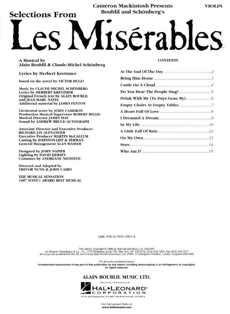Boublil/Schönberg - Selections from "Les Misérables" - Violin - arranged by Cameron Mackintosh - Hal Leonard Edition - Image 2