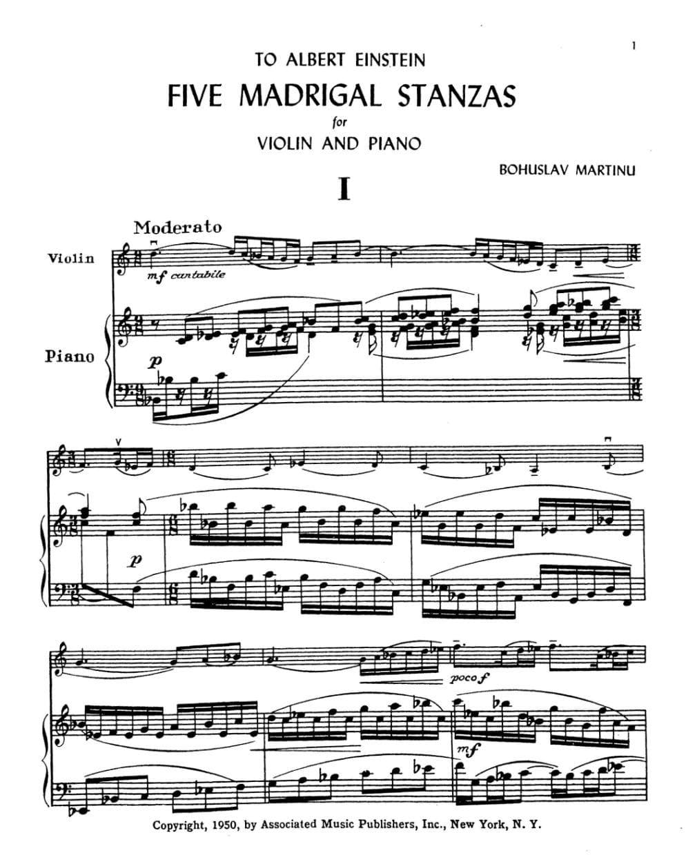 Martinů, Bohuslav - Five Madrigal Stanzas, Op 297 - Violin and Piano - Associated Music Publishers - Image 2