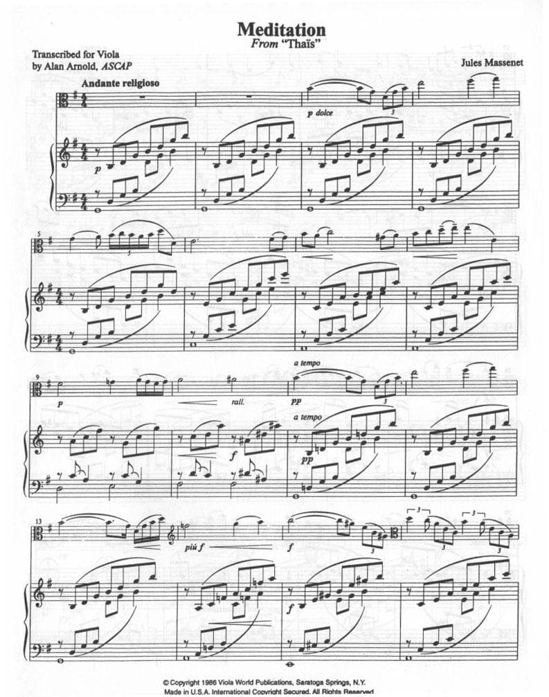 Massenet, Jules - Méditation from "Thaïs" - Viola and Piano - arranged by Alan Arnold - Viola World Publications - Image 3